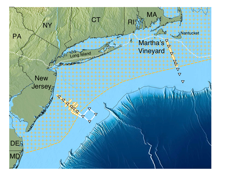 Hatched area shows the likely extent of the aquifer scientists have mapped off the U.S. eastern seaboard, with triangles showing ship tracks. The dotted white line shows the southern extent of the Laurentide Ice Sheet during the last Ice Age.